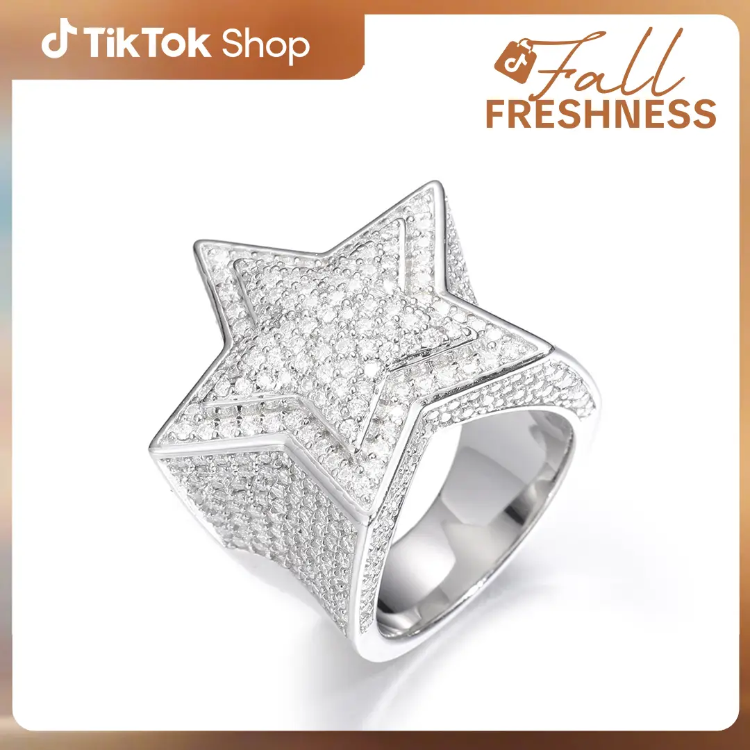 【#R46】UCCIYO S925 Five Star Synthetic Moissanite Men Rings Luxury 925 Sterling Silver Ring For Women D VVS Round Synthetic Moissanite Hip Hop Jewelry