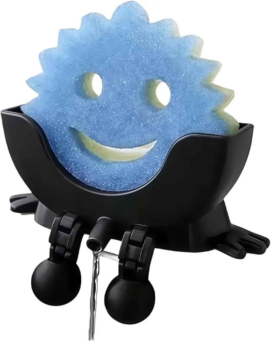 Cute Hanging Sponge Holder with Drainage,3D Printed Kitchen Funny Sponge Stand for Sink,with non-slip pads,Suitable for Scrub Daddy Holder,Keeps Your Sponge Dry Smiling (Black)
