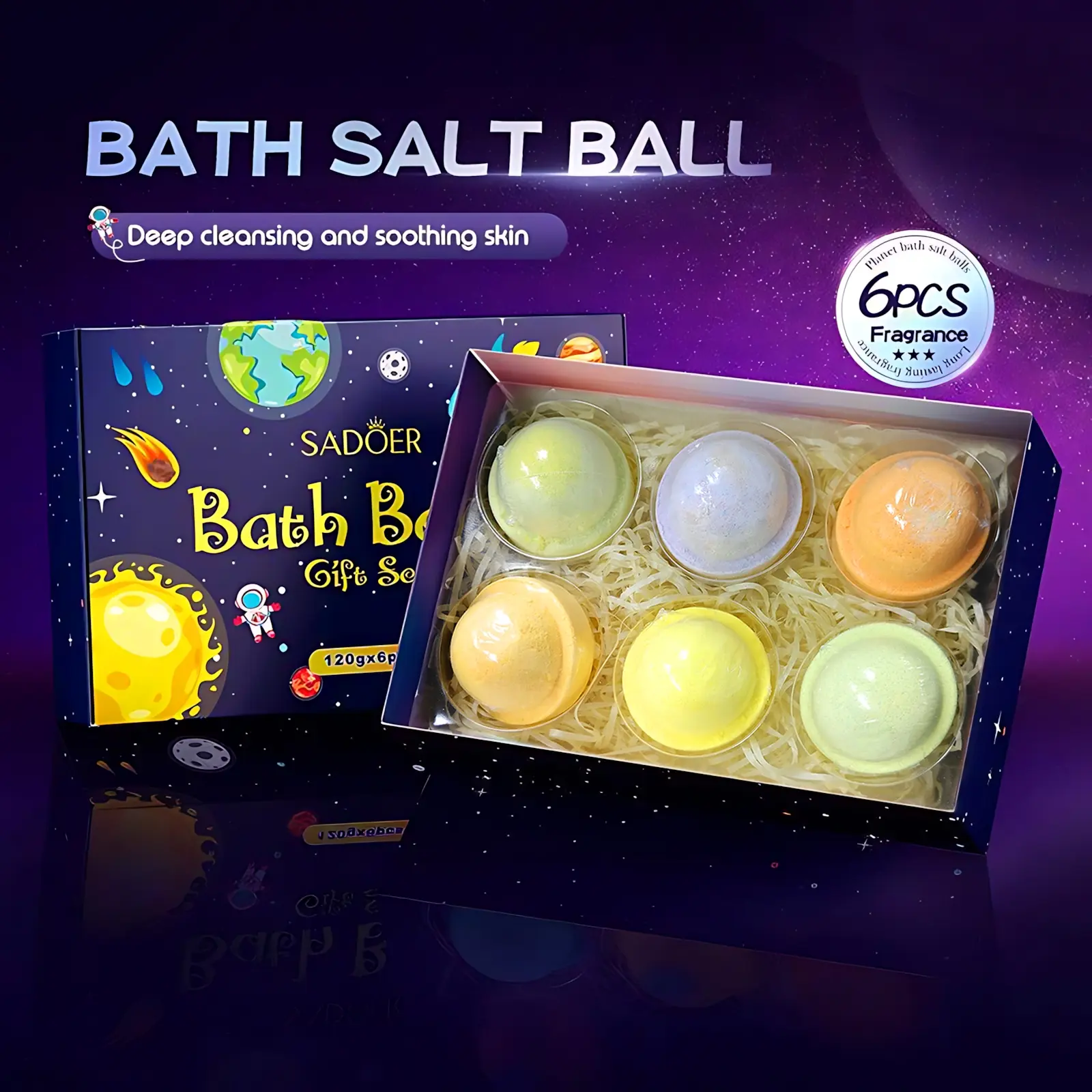 Planet Bath Salt Ball Set, 6 Pack Star Shaped Bubble Bath Balls, Natural Ingredients, Soothing & Cleansing, Fun Foam, Perfect Gift