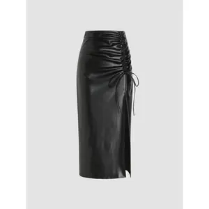 Cider [5 colors, size 0-26] Faux Leather High Waist Drawstring Split Maxi Skirt