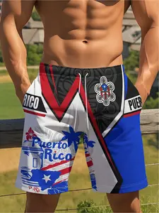 Men's beach vacation shorts. This image features Puerto Rico elements, including the flag, frog, palm trees, etc. - 100% quick-dry polyester fiber, drawstring waistband, perfect for outings, men's casual shorts