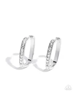 Encased Elevation - White Rhinestone Silver Hinge Hoop Earrings - Paparazzi
