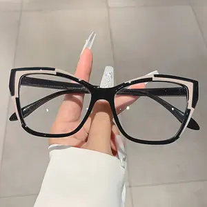 Cat Eye Color Block Frame Clear Lens Glasses Leopard Fashion Computer Spectacles For Women