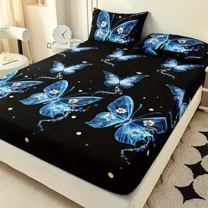 3pcs Soft Breathable Bedding Set, Butterfly Fairy Sheet and Pillowcases, King Queen Size, Easy Care, All Seasons, Bed Sheets Set