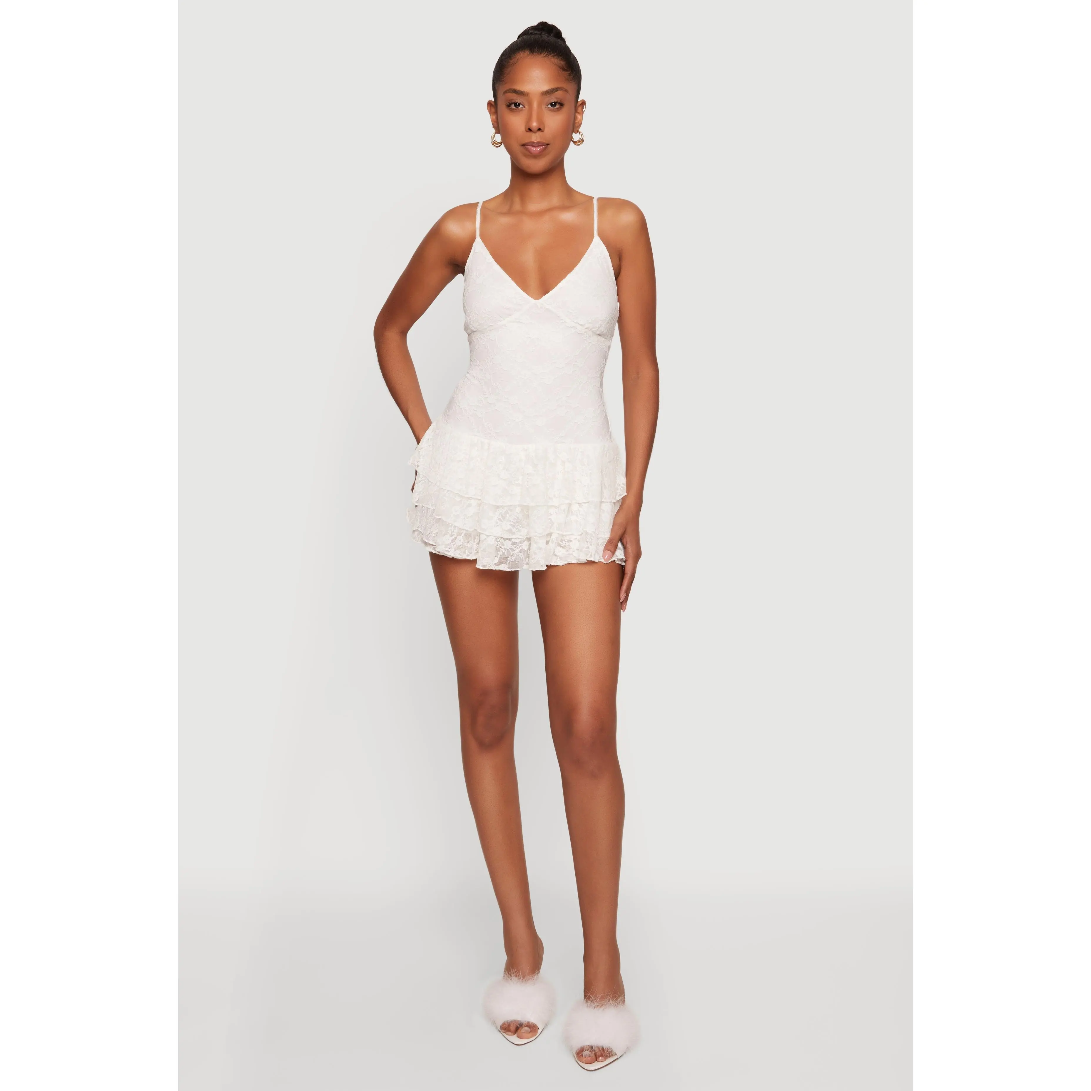 Almost Famous Lace Ruffle Tiered Cami Romper