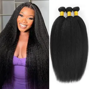 Kinky Straight Bundles Yaki Straight Bundles Human Hair 12A 100% Unprocessed Virgin Full and Thick 3 Bundles, Silky Soft, No Shedding, No Smell, No Tangle