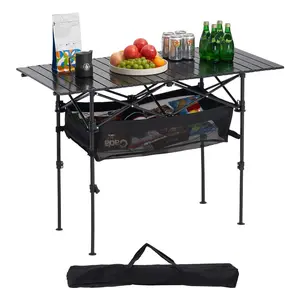 VEVOR Folding Camping Table,  , Portable Roll Up Side Tables, Lightweight Aluminum Beach Table with Adjustable Height, Large Storage Bag and Carry Bag, For Outdoor BBQ Tailgating Picnic, Travel, Black