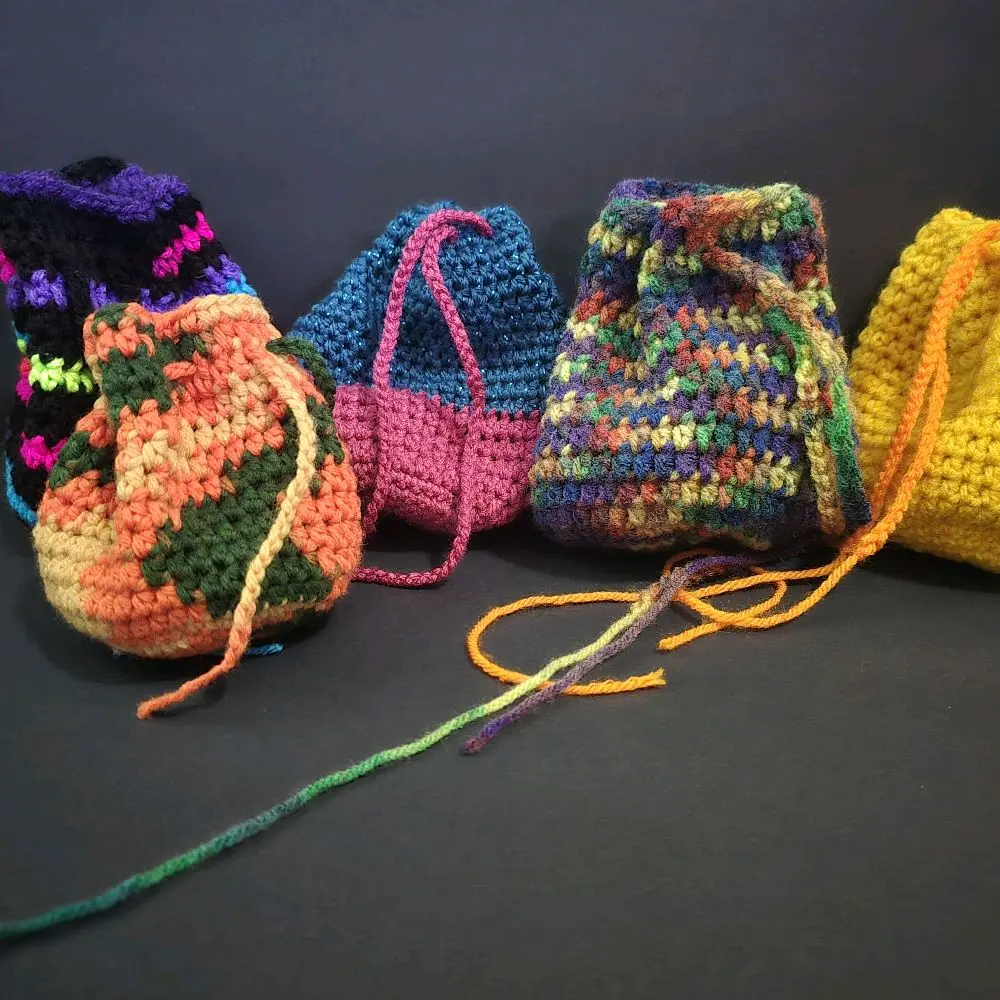 Medium Sized Crochet Dice Bags - Multicolor Handmade Drawstring Pouches for Gaming and Storage