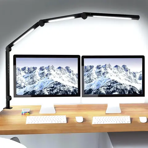 SEGRASS Non-Smart LED Clamp Base Table Lamp - Compact, 4-Section Adjustable Swing Arm, 4 Color Temp Modes, 5-Level Dimming, Eye-Caring, Memory Function, Soft/Bright White Book Light, Accordion Fold, Low Voltage DC Power Supply, Office Work Desk Accessory