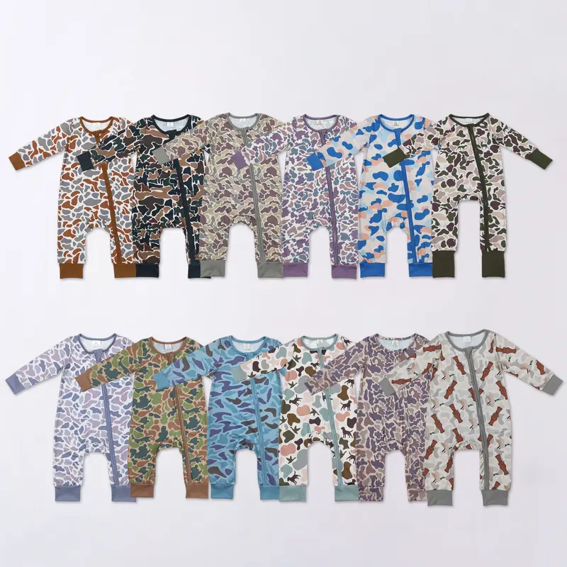 Camo Zip Up Baby Boy Romper Long Sleeve Footless Sleeper Jumpsuit, Multiple Camouflage Prints, Soft Stretchy Infant One‑Piece Pajama For Newborn Toddler