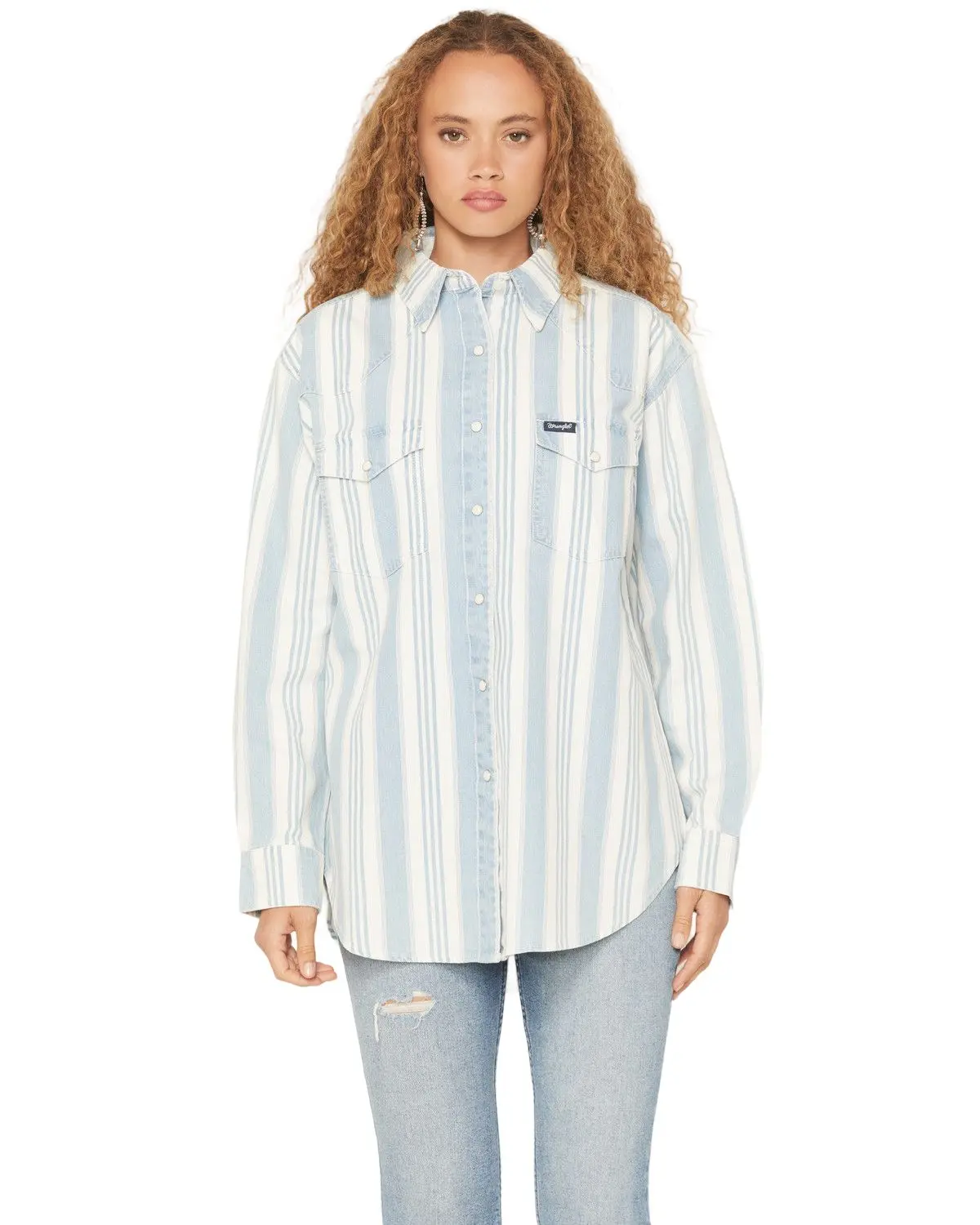 Wrangler Women's Retro Women'S Striped Long Sleeve Snap Denim Western Shirt - 112374906