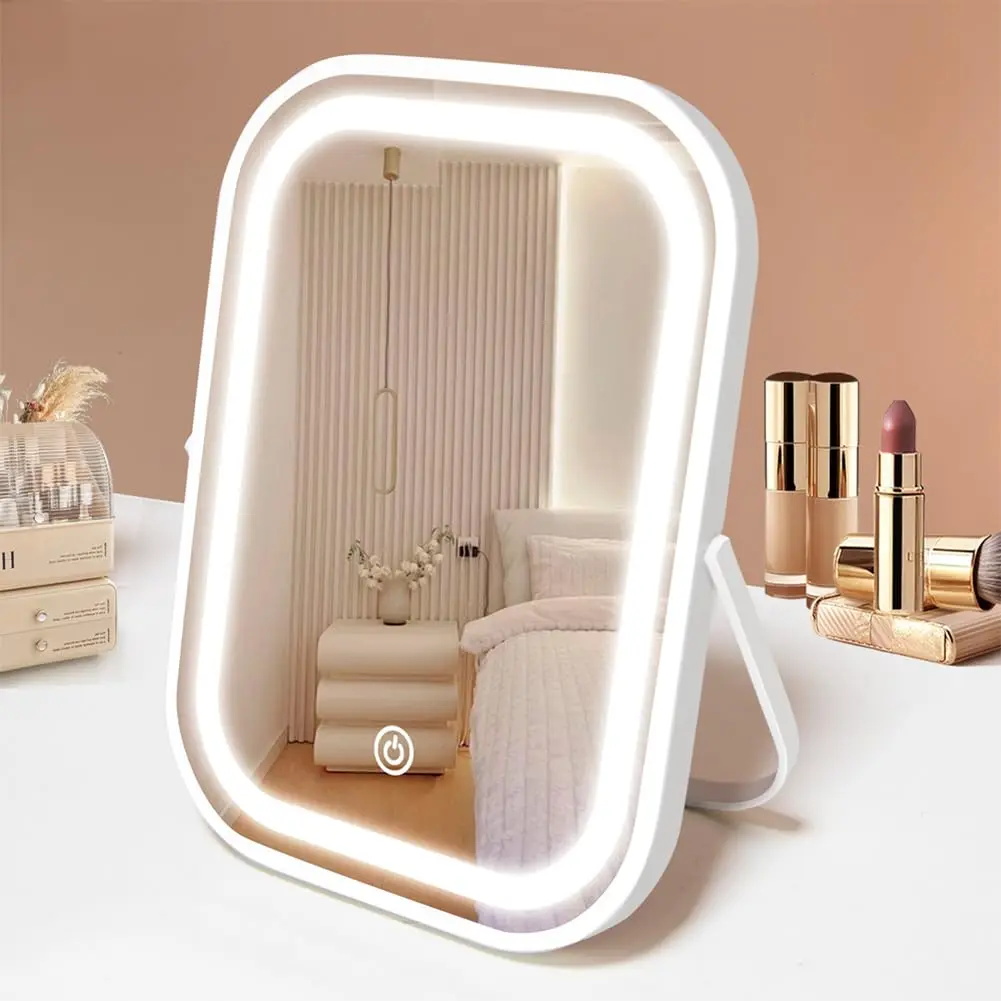 Travel Makeup Mirror with Lights, Portable Small Beauty LED Vanity Mirror with Lights, 1200mAh Battery, Dimmable Touch Screen, Tabletop Folding Compact Mirror,Women Gift