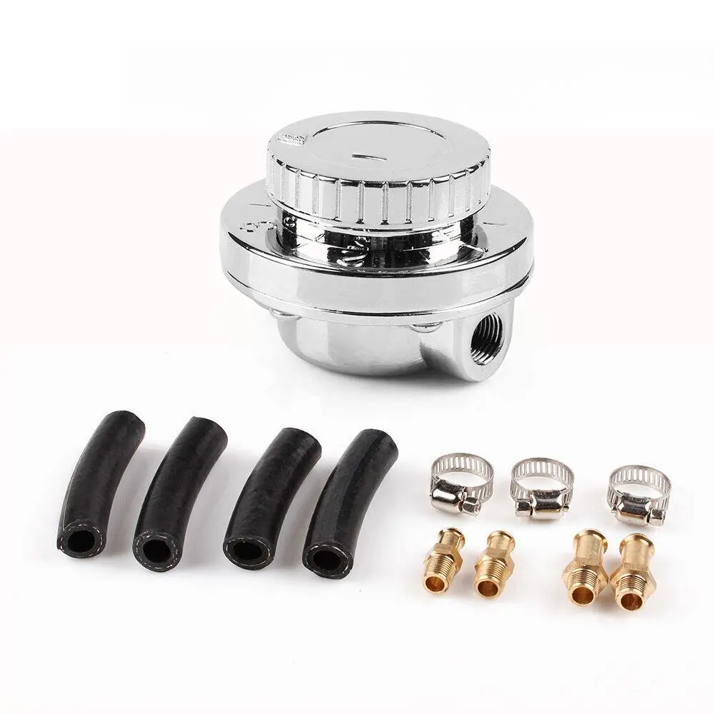 Universal Fuel Pressure Regulator Kit, Chrome Polished Metal with Adjustable Dial, 1-7 PSI, Max Flow 150 LPH for Carburetor Engines, Max Flow 150Lph, 4 X Rubber Tails, 100% Brand New, 100% Quality Assurance, 30 Day, 1 X Fuel Regulator