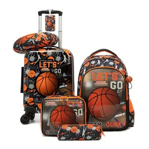 Boys 5-Piece School and Travel Bag Set | Basketball Hardshell Luggage, Backpack, Lunch Box & Pencil Case | Durable Lightweight Wheeled Suitcase Set for Kids holiday birthday gift