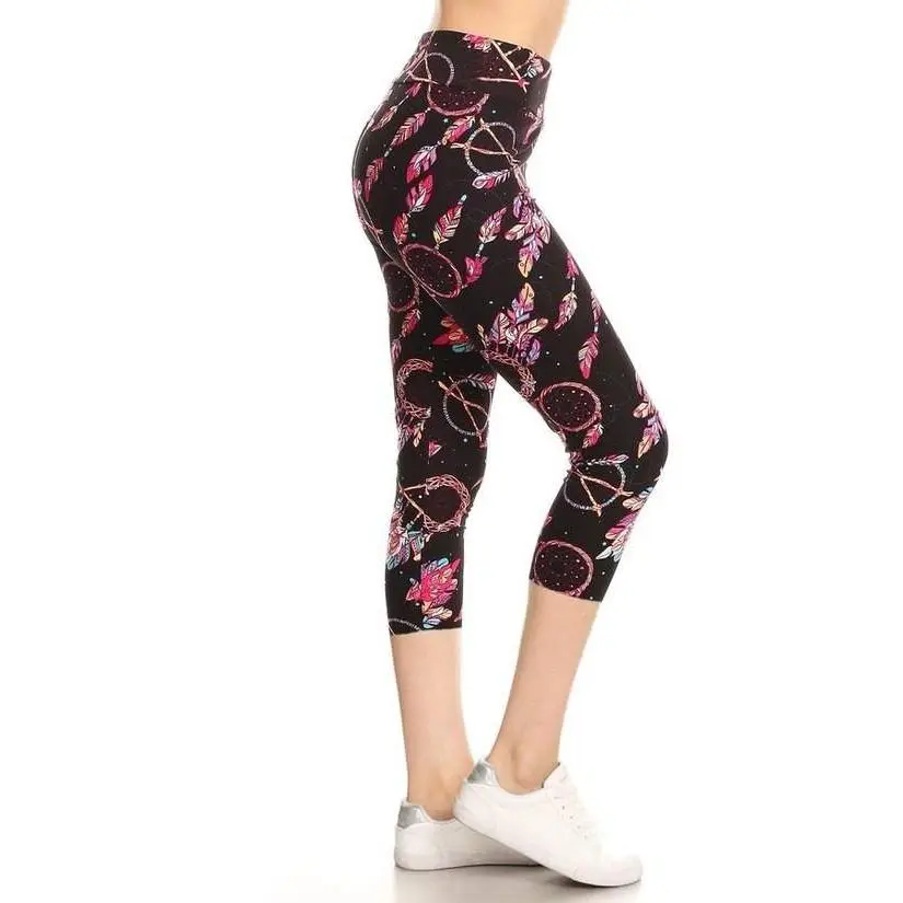 Yoga Style Banded Lined Dreamcatchers Printed Knit Capri Legging With High Waist.