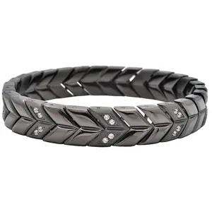 Mens 12mm Chevron Woven Black Stainless Steel Bracelet With Cubic Zirconia