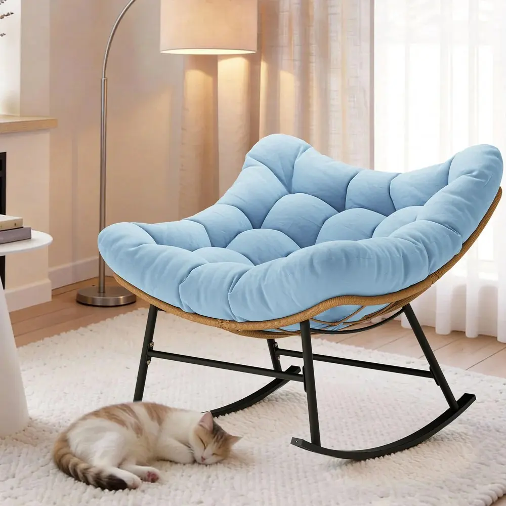 SIKAIC Sky Blue Modern Outdoor Rattan Manual Rocking Recliner Chair - Weather Resistant Wicker Lounge Armchair with 6.7-inch Extra-Thick Egg-Shaped Cushion, Reinforced Balanced Gliding Base for Porch, Backyard