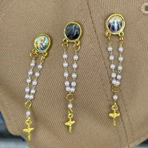Rosario Hat Pins with Pearl Chains and Religious Charms Gold-Tone Design