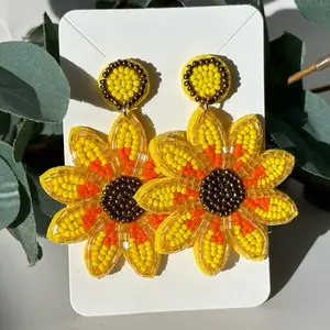 Large Fall Sunflower Beaded Dangle Earrings