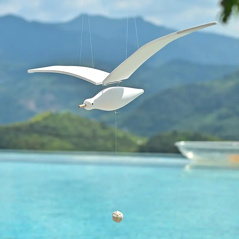 Handcrafted Wooden Seagull Hanging Decor - Flying Bird Mobile for Baby Nursery & Kids Room - Modern Coastal Style Wall Ornament, 25.6" Large Soaring Seagull, Perfect Ocean Theme Gift Idea Hangable Decoration