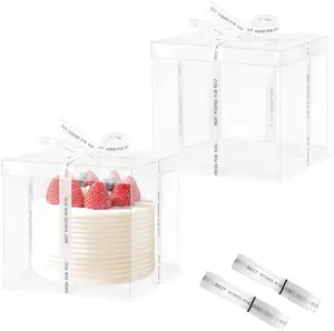 2 Pcs Clear Cake Box with Ribbon, 8.5X8.5X9 Inch Transparent Cake Boxes Carrier for 2-Layer 6 Inch Cakes Clear Tall Cakes Packaging Box Transparent Gift Boxes for Wedding, Birthday Party, Baby Shower flyingleaves