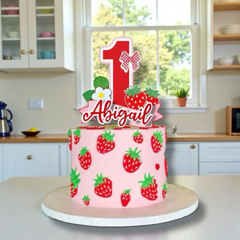 Custom Name and Age Strawberry Cake Topper - Customized to name and age - Birthday, Baby Showers and More