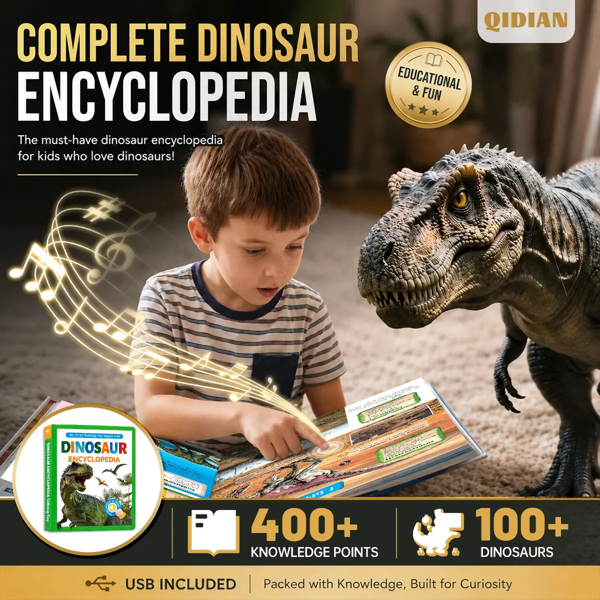 Dinosaur-themed talking toy, bilingual in Malay and English for early learning; a child’s first language learning toy.