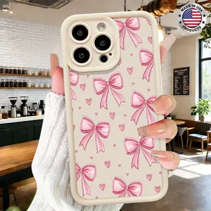 Cute Pink Bow Heart Pattern Aesthetic Design Case for iPhone 17 16 15 14 Pro Max 13 12 11 XR XS Plus Air Slim Lightweight Shockproof Anti Drop Protective Durable TPU Cover