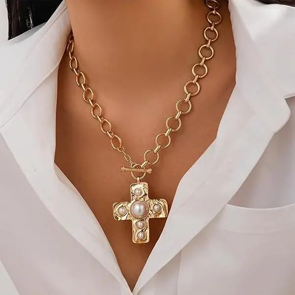 GleamJoy B Chunky Cross Necklace for Women Statement Chunky Gold Necklace Pearl Cross Pendant Necklaces Layered Vintage Toggle Clasp Necklaces Jewelry