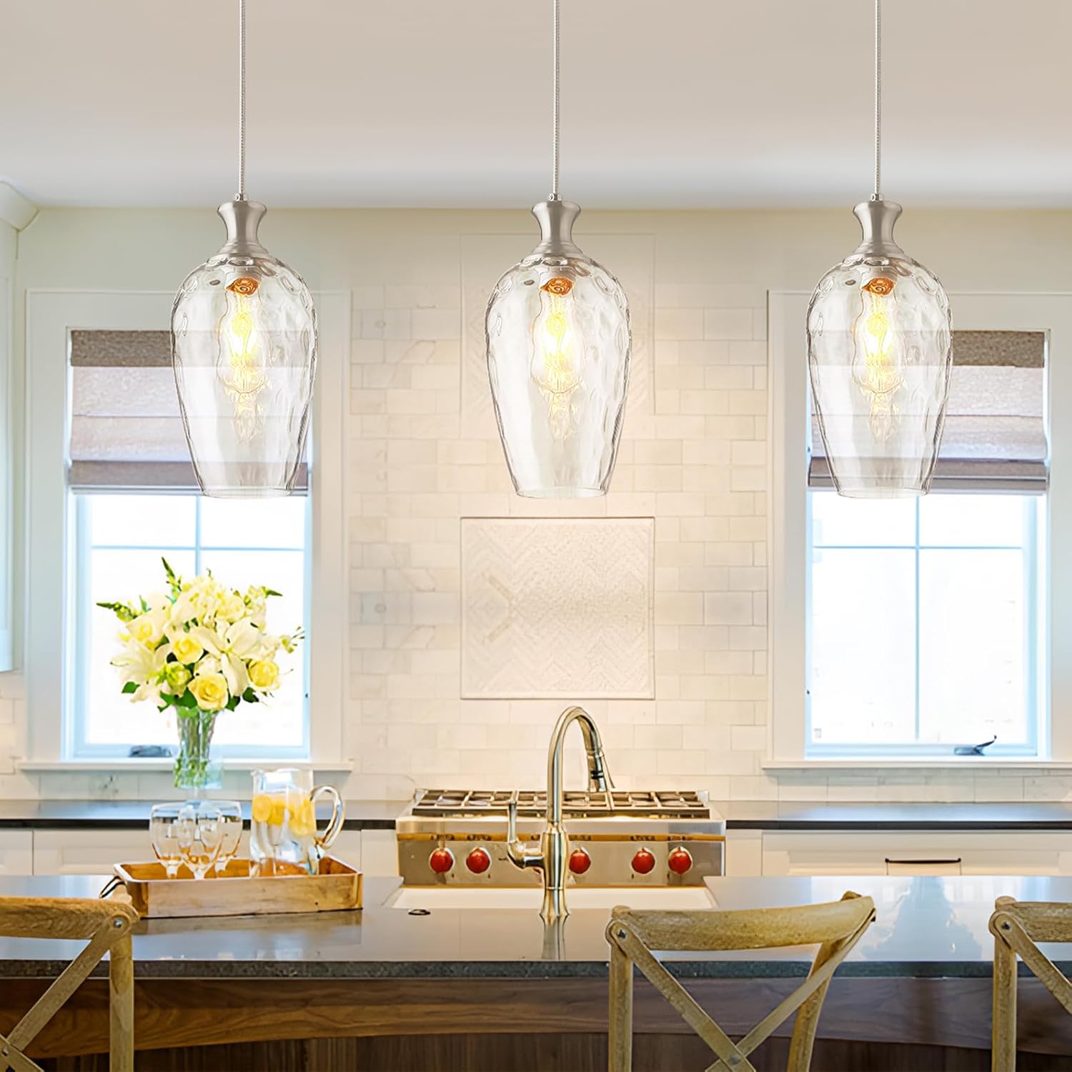 Glass Pendant Lights Kitchen Island, 1-Light Brushed Nickel Fixtures with Hand-Blown Clear Glass Modern Farmhouse Hanging Light for Kitchen Sink Dining Room Bedroom