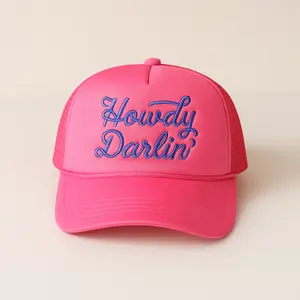 Howdy Darlin' Hot Pink Trucker Hat with Royal Blue Embroidery Adjustable Snapback Fit Foam Front Mesh Back Curved Brim Rope Trim Y2K Baddie Accessory