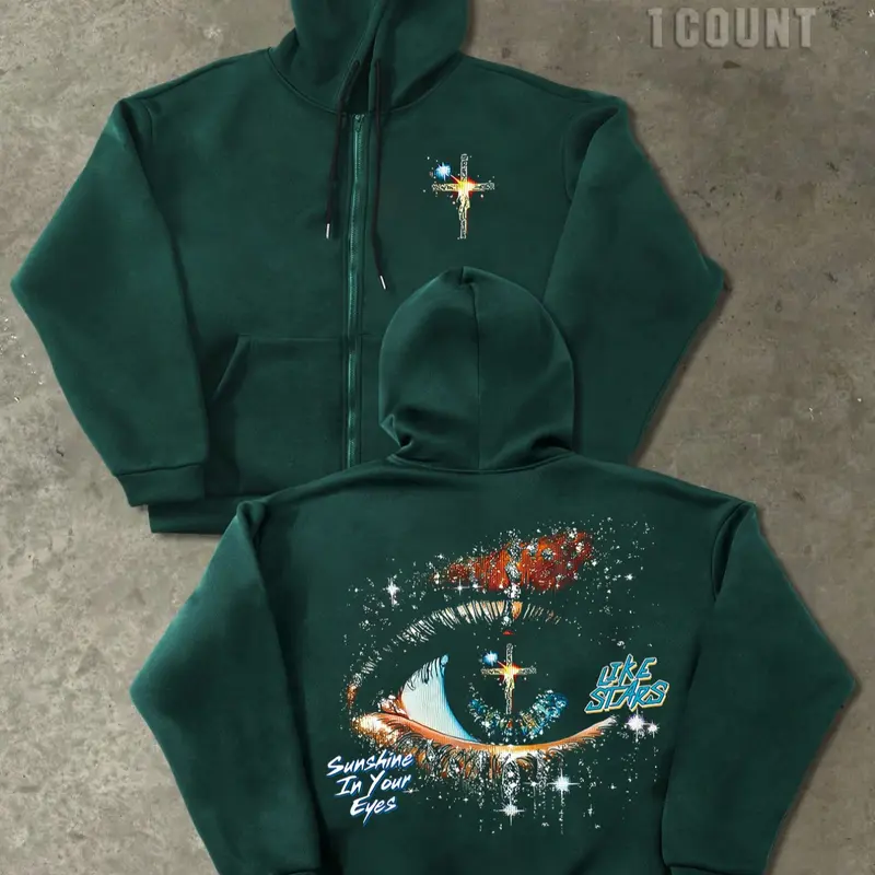 Men's Zip-Up Knit Hoodie with Graphic Eye Print, Vintage American Style, Loose-Fit All-Season Sweatshirt, Versatile Fashion Piece, Hooded Sweatshirts