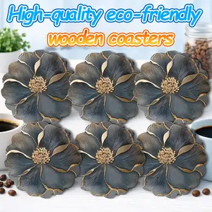 🌼🍃 6PCS Minimalist Gray Floral Petal Coasters - Non-Slip Heat Resistant Wood Drink Mats - 4 Inch Round for Kitchen Table - Eco-Friendly Recycled Wood Decor