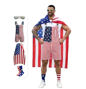 Yuanbang American Flag Overalls Men,USA Cape,Patriotic Sunglasses and Socks,4 Pcs for 4th of July, Menswear, Fashion Accessories