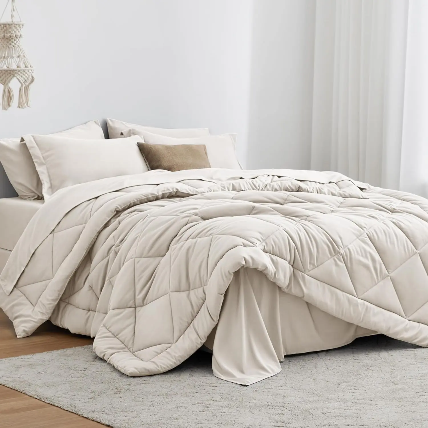 California King Comforter Set Off White, 7 Pieces California King Bed in a Bag, All Season Bedding Sets with 1 Comforter, 1 Flat Sheet, 1 Fitted Sheet, 2 Pillowcase and 2 Pillow Sham |     Soft, Breathable, Lightweight, Comfortable