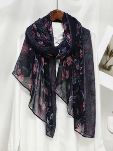 Women's Elegant Floral Print Hijab Scarf, Breathable Beach Long Shawl, Floral Pattern Shawl, Muslim Fashion Daily Turban, Stylish Headscarf & Headwrap