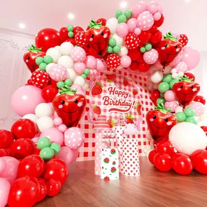 Strawberry Balloons Arch Kit - 153Pcs Different Size Red and Pink Green Balloons Garland Kit for Girls Sweet One Berry First Birthday Shower Valentine's Day Strawberry Party Decorations