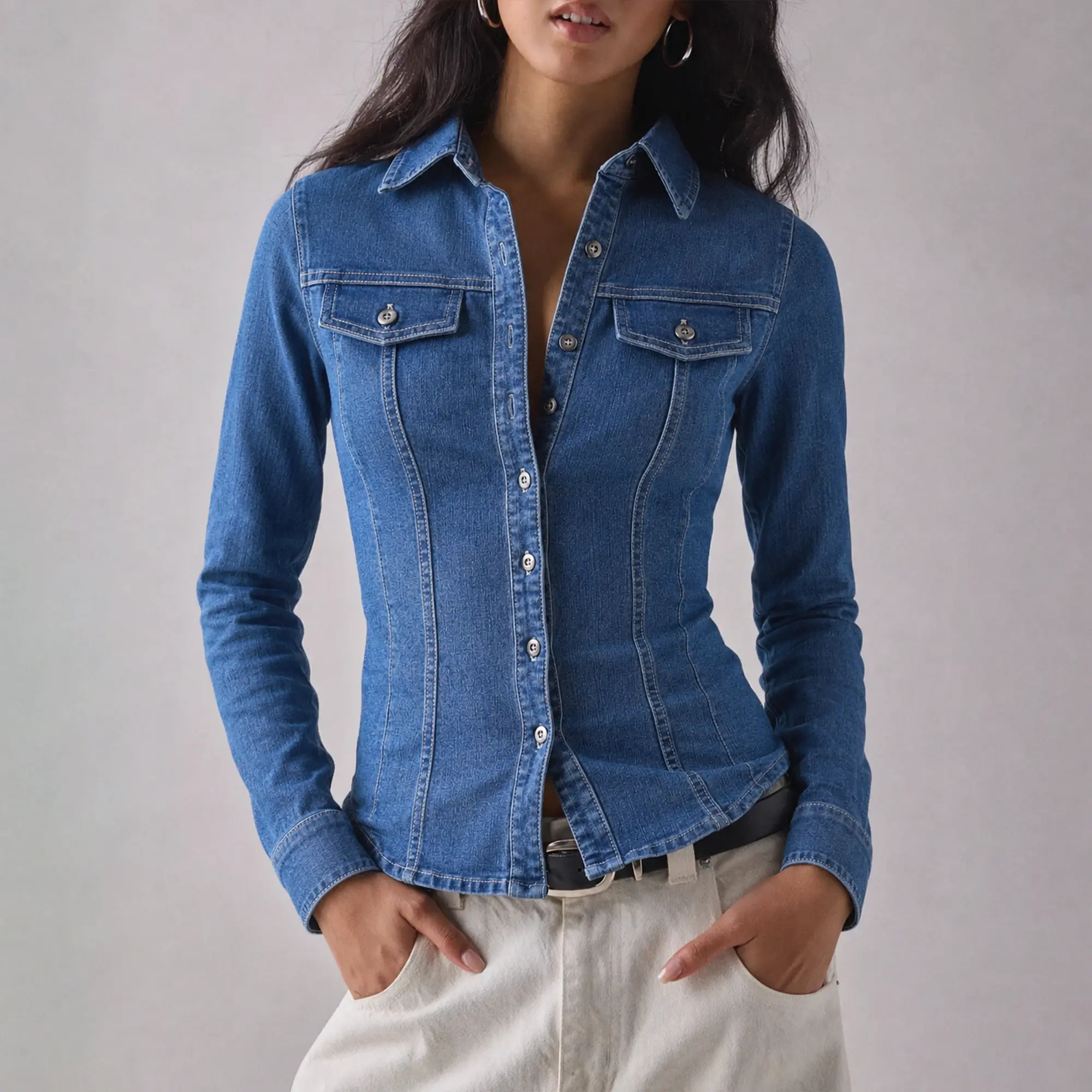 Women'sStretchySlimCurvyFitDenimButtonDownShirt,Y2KVintageLongSleevePointCollarJeanBlousewithChestPocketsCasualSlimmingTopforDailyWorkStreetwear