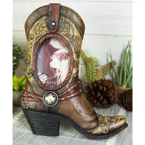 Rustic Western Tooled Leather Cowboy Boot Desktop Easel Photo Frame For 3.5"X5"