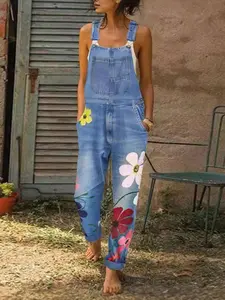 Women's Denim Jumpsuit, Denim Material, Overalls With Floral Print, Women's Clothing, Suitable For Everyday Wear, Holiday Gifts, Party Outfits, And All Seasons.