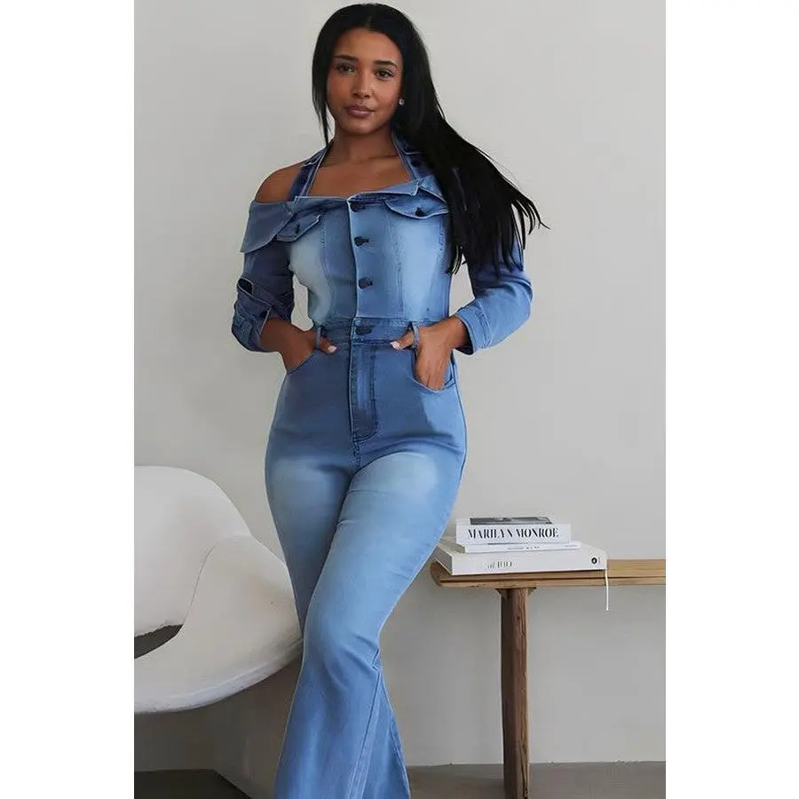 Light Washed Off-Shoulder Denim Jumper