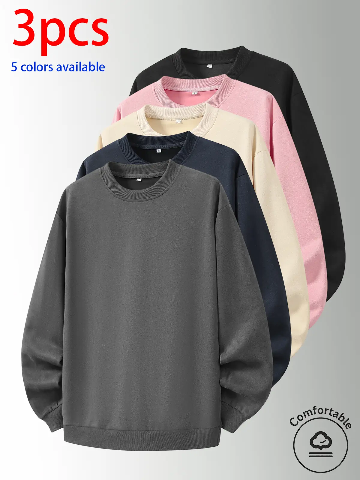 3-pack: men’s crewneck sweatshirt, men’s long-sleeve top, men’s pullover sweatshirt.Loose, comfortable fit; no print design; minimalist options available. Versatile for home, everyday casual wear, outdoor sports, campus, work, and commuting; suitable for