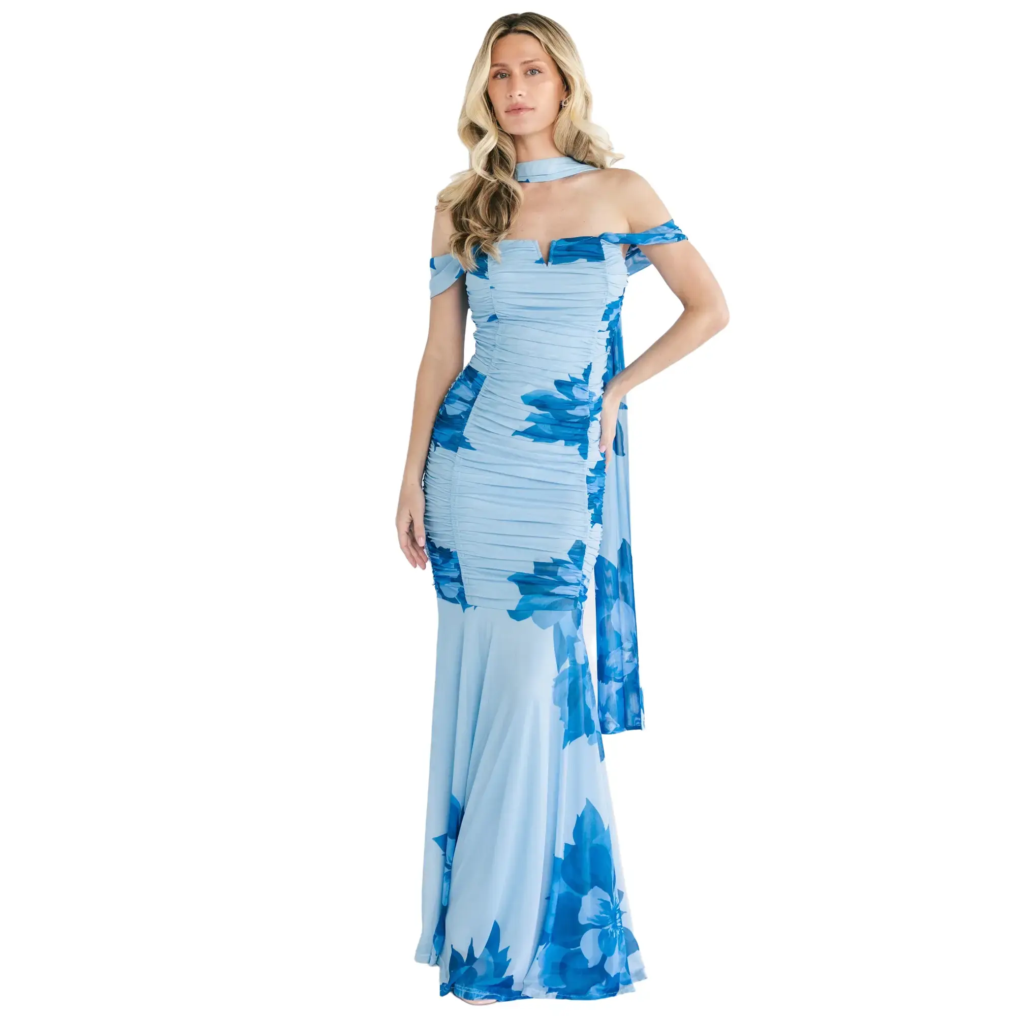 Women's Bellina Off-Shoulder Print Ruched Short-Sleeve Light Polyester-Spandex Maxi Dress with Scarf, Zipper Detail, Blue