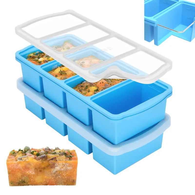 Silicone Freezer Trays with Lid, 1-Cup Soup Freezer Container, Large Ice Cube Molds, Reinforced Steel Ring Top, Kitchen Utensils Set (2-Pack)
