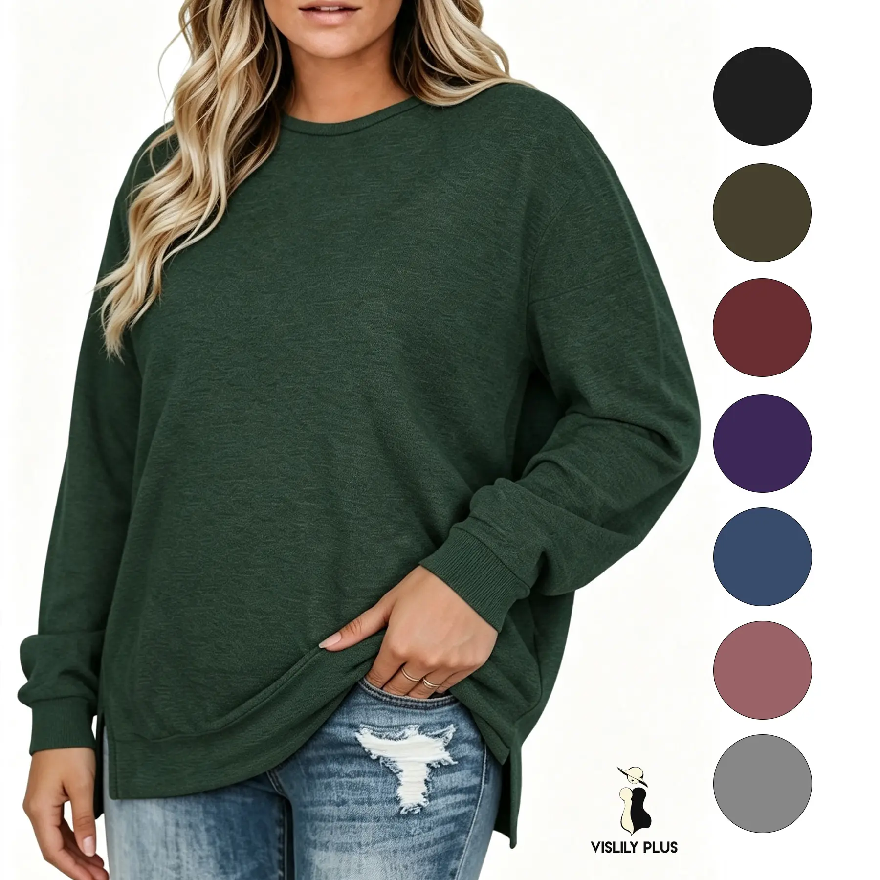 Plus Size Tops for Women Casual Soft Loose Fit Side-slit Hem Tunic Tees Lightweight Long Pullover Tops XL-4X DPS1021 Everyday Chic Basic Solid Womenswear