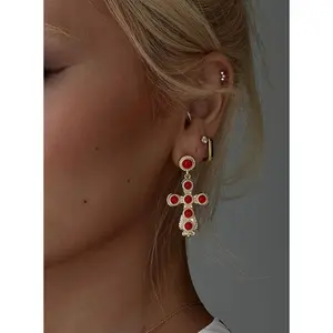 Oakwood Cross Earrings Gold / Red Oakwood Cross Earrings Gold / Red