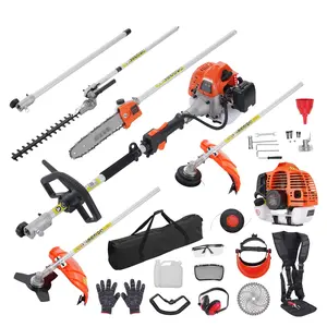 43CC 6-In-1 Gas-Powered Trimming Tool Kit: Hedge Trimmer, Weed Eater, String Trimmer, Brush Cutter, Edger, Pole Saw, Chainsaw Pruner With Extension Pole for Lawn Maintenance, Garden Care, and Landscaping