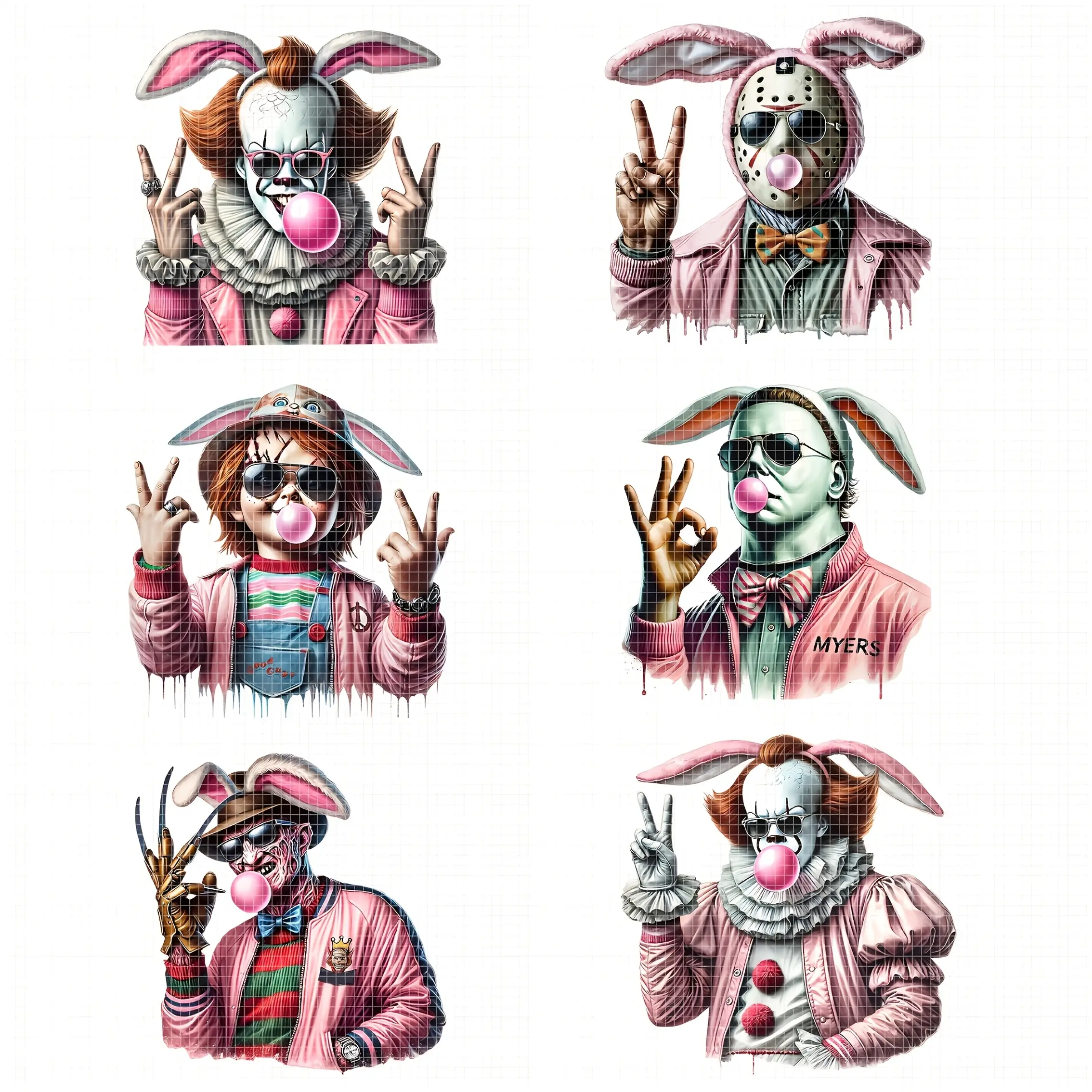 Easter Horror Theme Set, Bunny Ears, Bubble Blower Toy, DIY Clothing Stickers, Heat Transfer Patches, Iron-On Stickers, DIY Kit