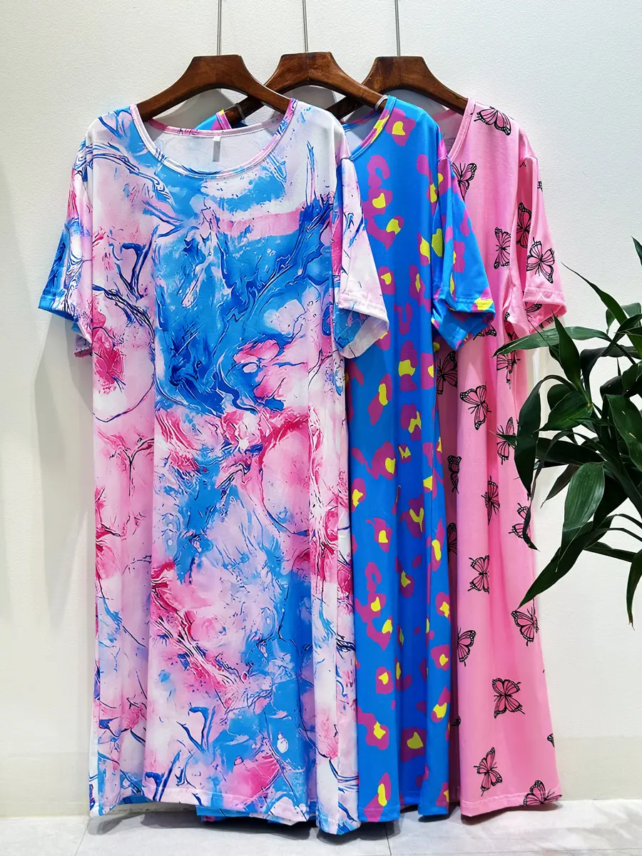 [1xl-7xl]Women's Plus Size Nightdress Set-3 Piece Pink Fruit Cherry Tie-Dye Printed Casual Homewear Loose-Fitting Soft Womenswear  Loungewear Matching Pajamas Crewneck Shortsleeve lingerie set-plus size co ord set-fall outfits cute autumn outfits -