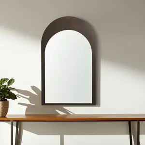 360 Stand Smooth 36 in. Durable Brown Solid Wood Arch-Framed Modern Accent Mirror - Wall-Mount Glass Home Decor for Rooms, Curved Wall-Mounted Mirrors